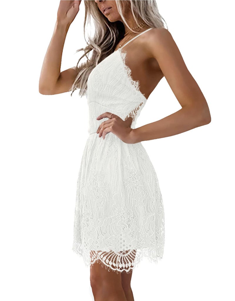 AOOKSMERY Women Summer V-Neck Spaghetti Straps Lace Backless Mini Party Club Beach Dresses (White, Small) - Image 3